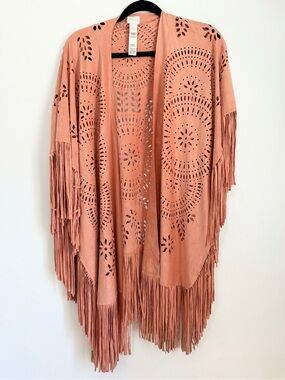Chicos Fringed Ruana one size laser cut cowgirl rodeo western